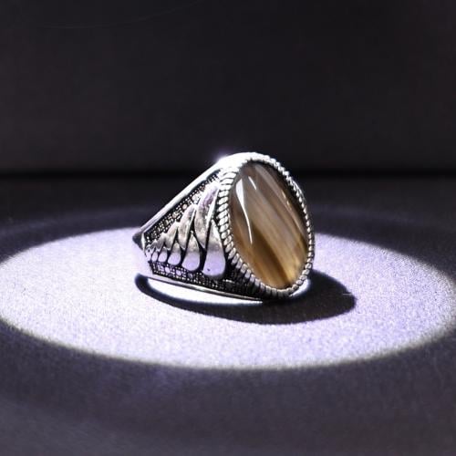 خاتم فضة رجالي عيار 925 متوج بحجر عقيق يماني طبيعي