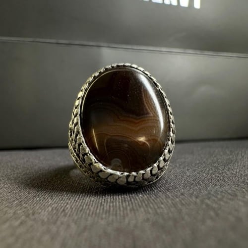 خاتم فضة عيار 925 متوج بحجر عقيق يماني طبيعي