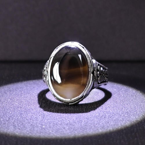 خاتم فضة رجالي عيار 925 متوج بحجر عقيق يماني طبيعي