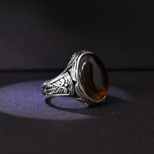 خاتم فضة رجالي عيار 925 متوج بحجر عقيق يماني طبيعي