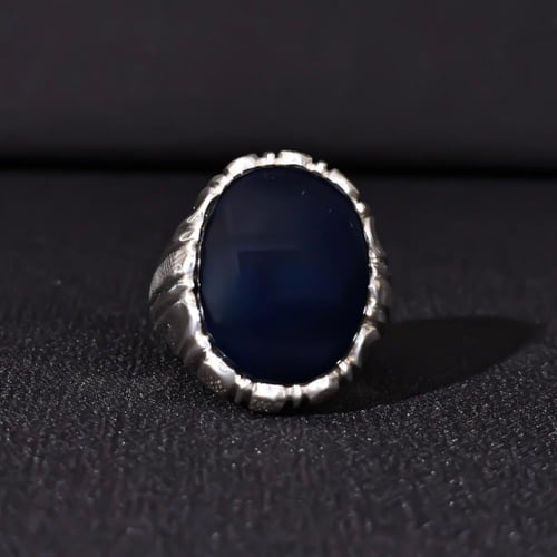 خاتم فضة رجالي عيار 925 متوج بحجر عقيق يماني أزرق