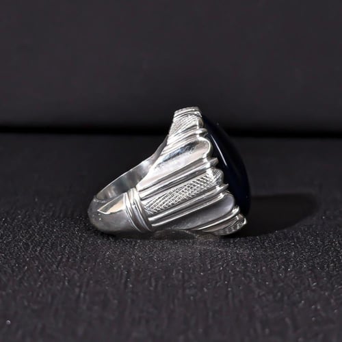 خاتم فضة رجالي عيار 925 متوج بحجر عقيق يماني أزرق