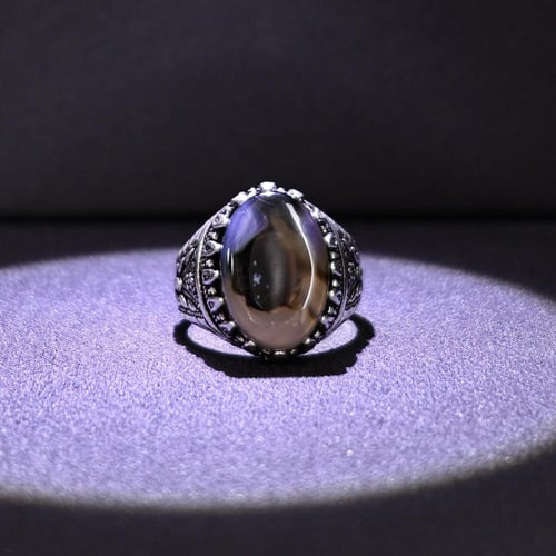 خاتم فضة رجالي عيار 925 متوج بحجر عقيق يماني طبيعي