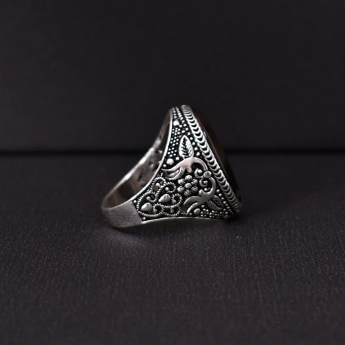 خاتم فضة رجالي عيار 925 متوج بحجر عقيق يماني طبيعي