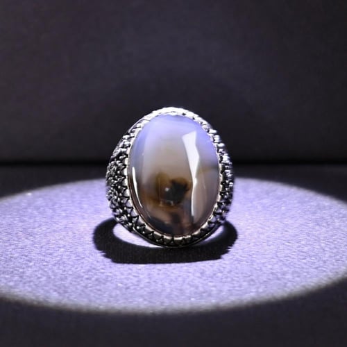 خاتم فضة رجالي عيار 925 متوج بحجر عقيق يماني طبيعي