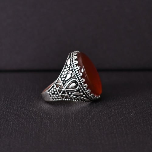 خاتم فضة رجالي عيار 925 متوج بحجر عقيق يماني طبيعي