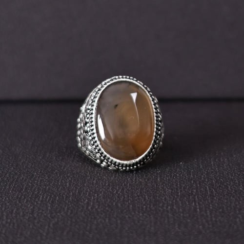 خاتم فضة رجالي عيار 925 متوج بحجر عقيق يماني طبيعي