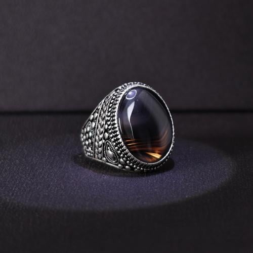 خاتم فضة رجالي عيار 925 متوج بحجر عقيق يماني طبيعي