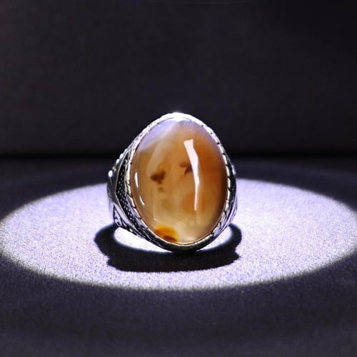 خاتم فضة رجالي عيار 925 متوج بحجر عقيق يماني طبيعي