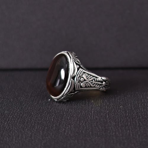 خاتم فضة رجالي عيار 925 متوج بحجر عقيق يماني طبيعي