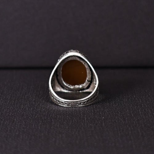 خاتم فضة رجالي عيار 925 متوج بحجر عقيق يماني طبيعي