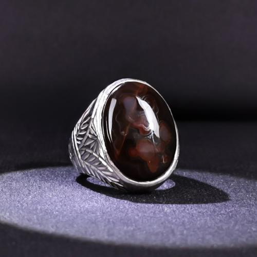 خاتم فضة رجالي عيار 925 متوج بحجر عقيق يماني طبيعي