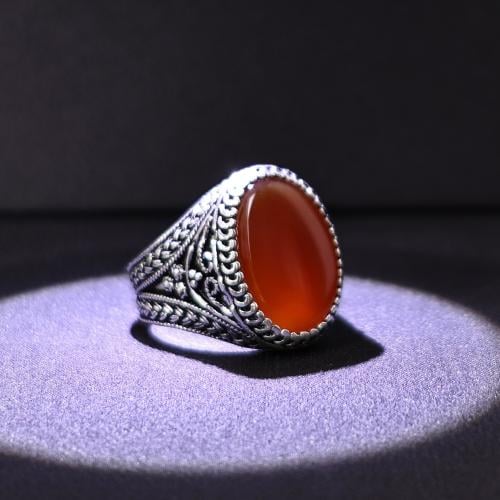 خاتم فضة رجالي عيار 925 متوج بحجر عقيق يماني طبيعي