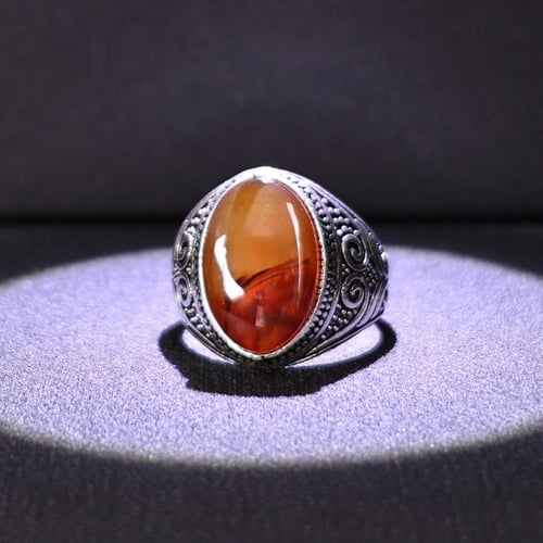 خاتم فضة رجالي عيار 925 متوج بحجر عقيق يماني طبيعي