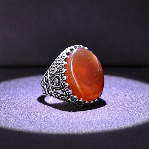 خاتم فضة رجالي عيار 925 متوج بحجر عقيق يماني طبيعي