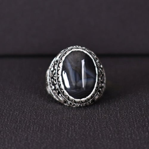 خاتم فضة رجالي عيار 925 متوج بحجر عقيق يماني طبيعي