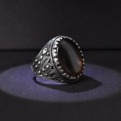 خاتم فضة رجالي عيار 925 متوج بحجر عقيق يماني طبيعي