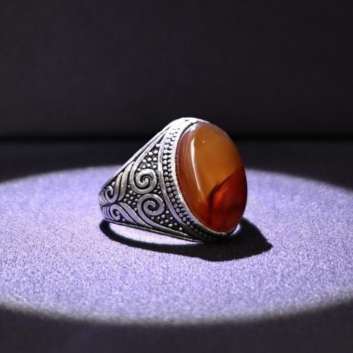 خاتم فضة رجالي عيار 925 متوج بحجر عقيق يماني طبيعي