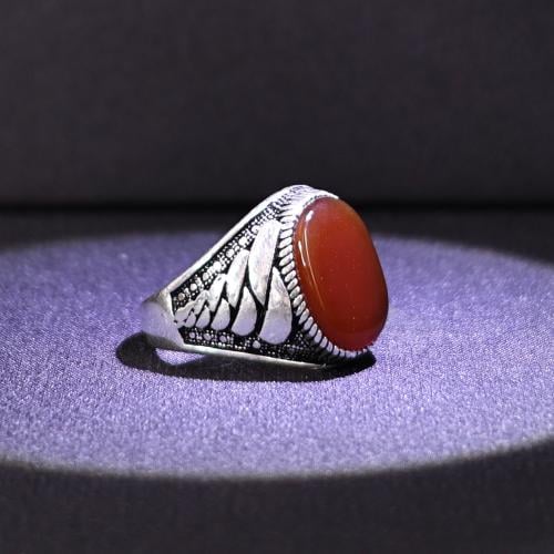 خاتم فضة رجالي عيار 925 متوج بحجر عقيق يماني طبيعي