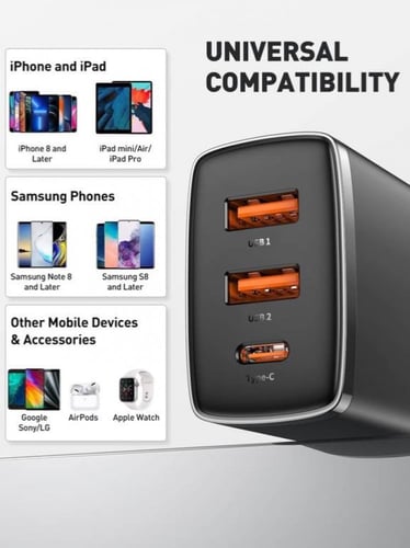 شاحن سريع بقدرة 30 وات من شركة بيسوس ابيض -اسود