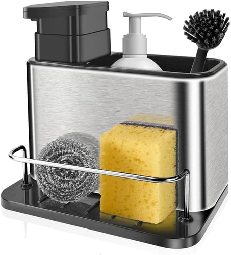 موزع صابون الاطباق لحوض المطبخ، حامل اسفنجة 3 في 1