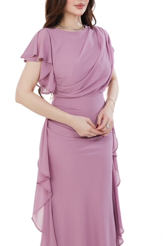 فستان شيفون موف فاتح بدرابيه وكشاكش جانبية