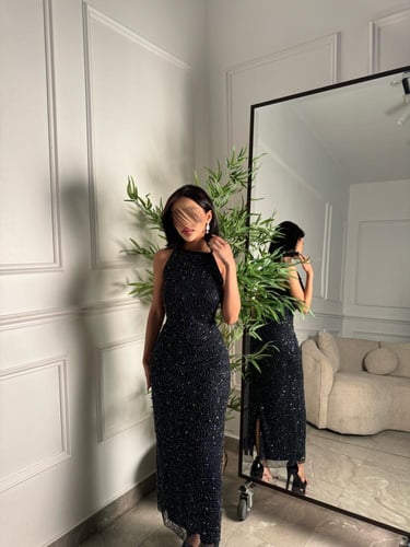 فستان سهره حفر شك ولؤلؤ كحلي غامق