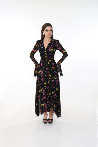 فستان تل مشجر بزهور ملونه ماكسي بقصة لف