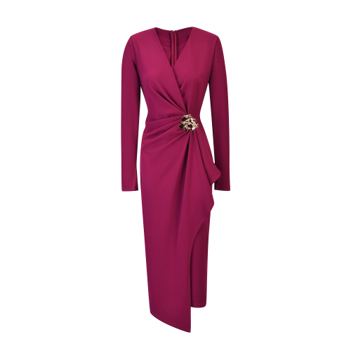 فستان كريب استرتش فوشيا ببروش على الخصر