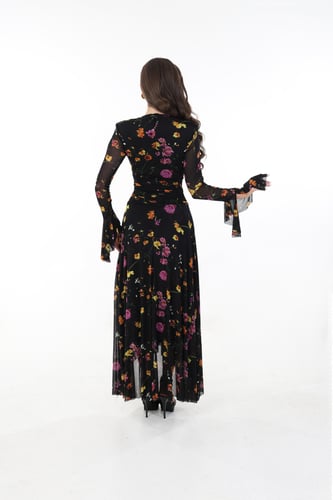 فستان تل مشجر بزهور ملونه ماكسي بقصة لف