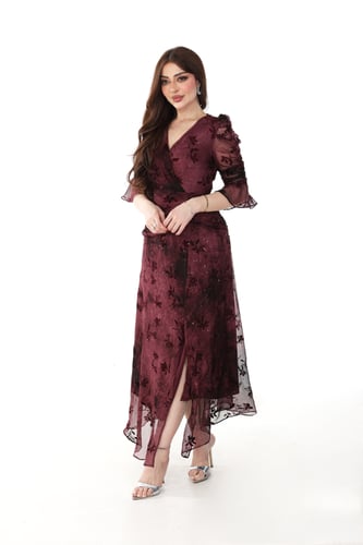 فستان مشجر خمري طويل