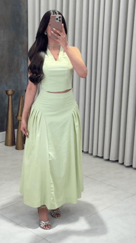 تنورة ميدي كتان عالية الخصر