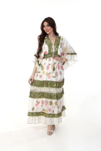 جلابية قطن مكسر خفيف بتطريز ورد ملون