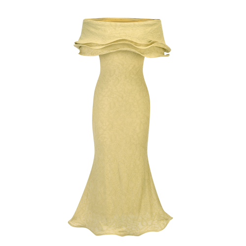 فستان جاكار استرتش أوف شولدر بكشكش