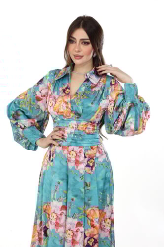 جمبسوت مشجر تركواز بقصّة لف وياقة قلاب