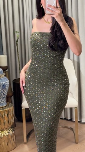 فستان سهرة شك بلون زيتي فاخر