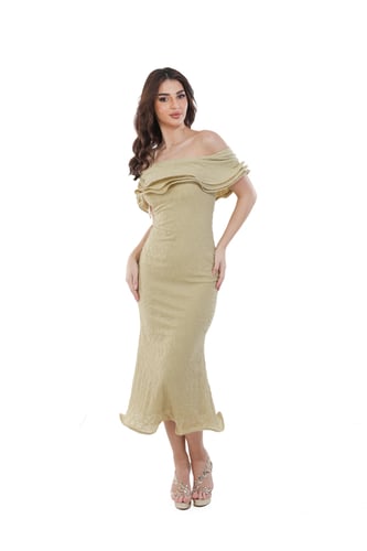 فستان جاكار استرتش أوف شولدر بكشكش