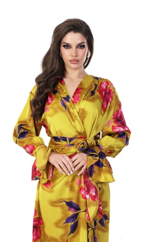 فستان ستان مشجر بقصة لف