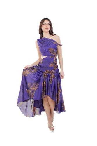 فستان بنفسجي مشجر كتف واحد بقصة غير متماثلة