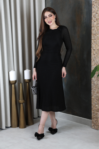 فستان تل بطيات من الخصر Black