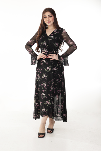 فستان تل ناعم اسود بطابع مشجر