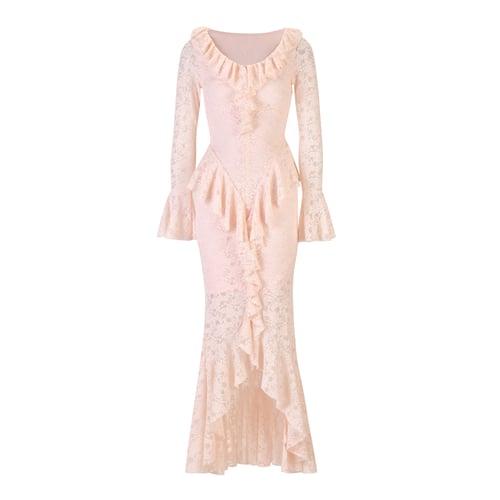 فستان دانتيل بنكي فاتح مزين بكشكش