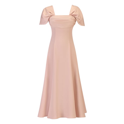 فستان وردي باودر بكتف درابيه وأكمام قصيرة