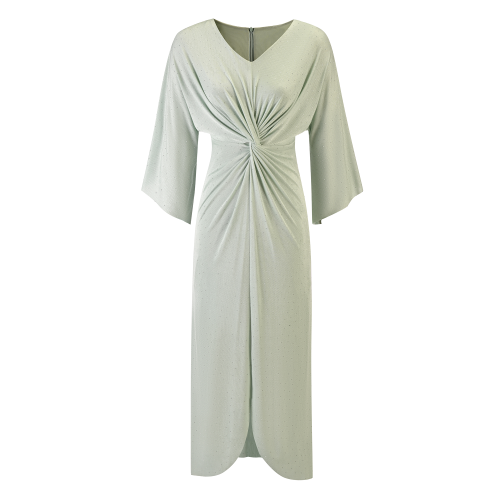 فستان تركوازي فاتح بلمعة ناعمة وعقدة على الخصر