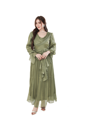 فستان زيتي لامع بأكمام منفوشة