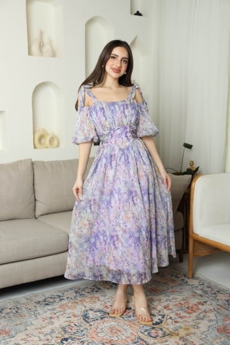 فستان شييفون بطابع مورد -