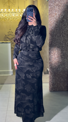 فستان سهرة أسود مشجّر بكريستال ناعم