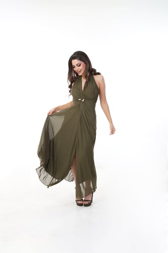 فستان سهرة زيتي طويل هالتر
