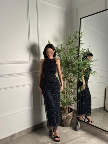 فستان سهره حفر شك ولؤلؤ كحلي غامق