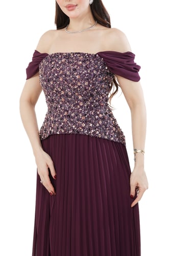 فستان سهرة موف بترتر وشيفون بليسيه